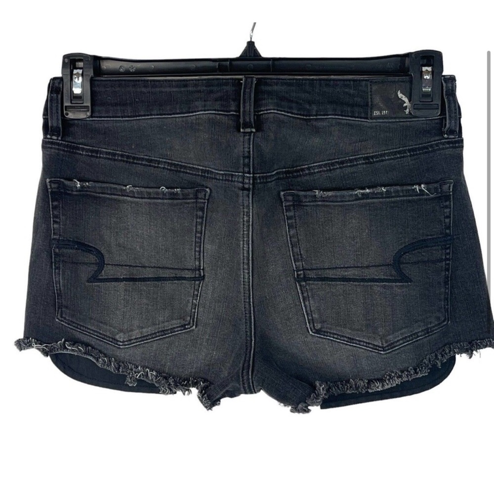 American Eagle SZ 10 Hi-Rise Shortie Jean Shorts Stretch Frayed Hems Whiskered